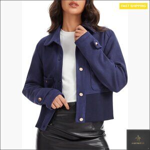 Faux Suede Cropped Bomber Jacket Lightweight Button Down with Pockets